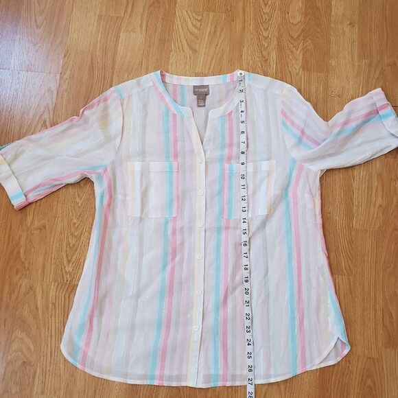 Chico's Summer Fun Stripe Lurex 3/4-Sleeve Shirt Sz Med - Picture 7 of 11